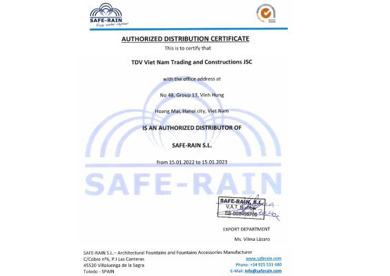 TDV Vietnam Distributor Certificate Safe Rain