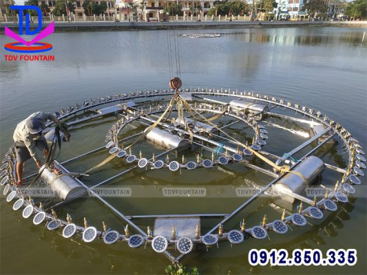 Lắp đặt hệ thống quả phao nổi Inox cho đài phun nước trên hồ